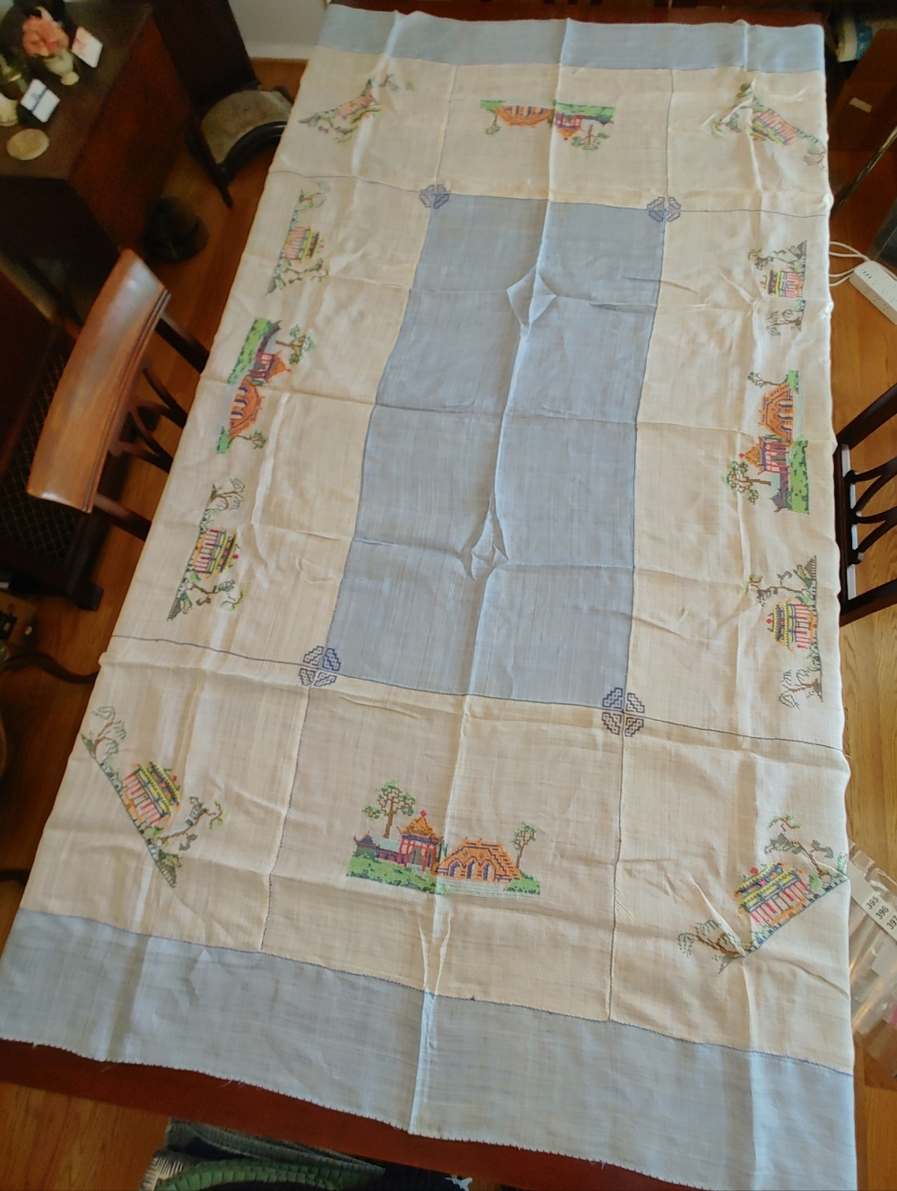 Hand-Embroidered Blue & Cream Tablecloth - Antique Linen 84"x60" approx